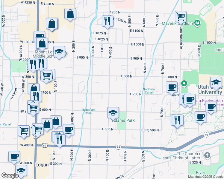 map of restaurants, bars, coffee shops, grocery stores, and more near 720 North 400 East in Logan