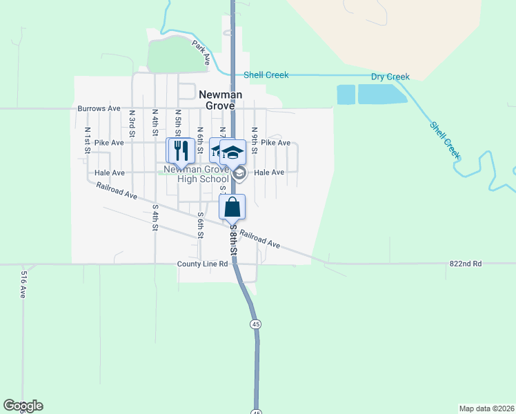 map of restaurants, bars, coffee shops, grocery stores, and more near 299 South 9th Street in Newman Grove
