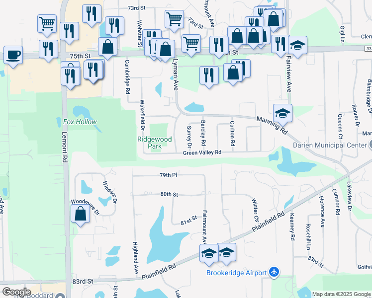 map of restaurants, bars, coffee shops, grocery stores, and more near 2330 Green Valley Road in Darien