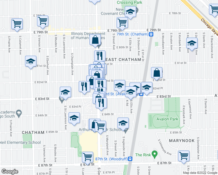map of restaurants, bars, coffee shops, grocery stores, and more near 8223 South Maryland Avenue in Chicago