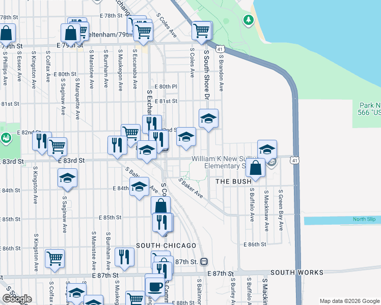 map of restaurants, bars, coffee shops, grocery stores, and more near 8255 South Houston Avenue in Chicago