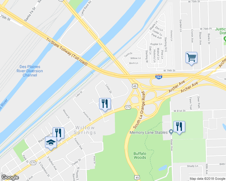 map of restaurants, bars, coffee shops, grocery stores, and more near 204 Louis Drive in Willow Springs