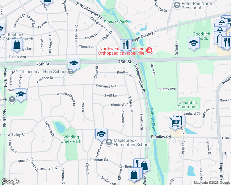 map of restaurants, bars, coffee shops, grocery stores, and more near 45 Swift Ln in Naperville