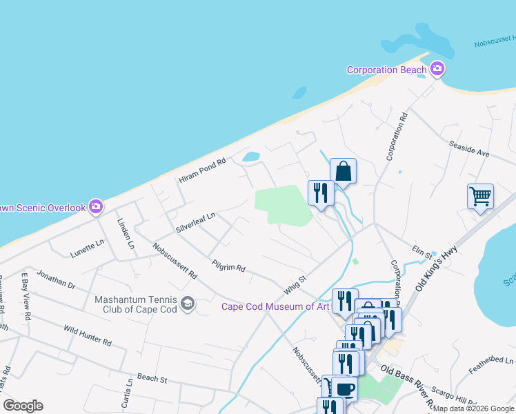 map of restaurants, bars, coffee shops, grocery stores, and more near 81 Frank Tobey Road in Dennis
