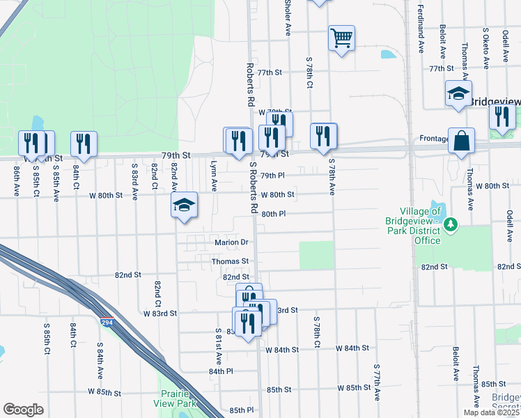 map of restaurants, bars, coffee shops, grocery stores, and more near 7960 80th Place in Bridgeview
