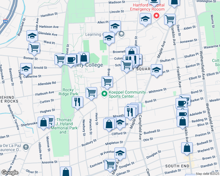 map of restaurants, bars, coffee shops, grocery stores, and more near 125 New Britain Avenue in Hartford