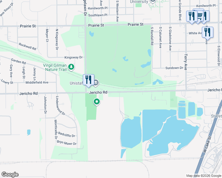 map of restaurants, bars, coffee shops, grocery stores, and more near 1641 Jericho Road in Aurora