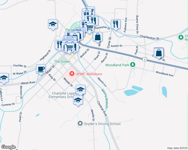 map of restaurants, bars, coffee shops, grocery stores, and more near 12 Morris Lane in Wellsboro
