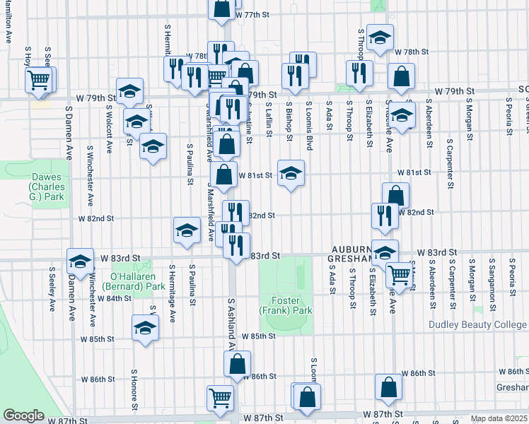 map of restaurants, bars, coffee shops, grocery stores, and more near 8159 South Justine Street in Chicago