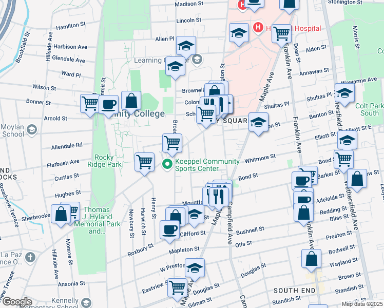 map of restaurants, bars, coffee shops, grocery stores, and more near 20 Julius Street in Hartford