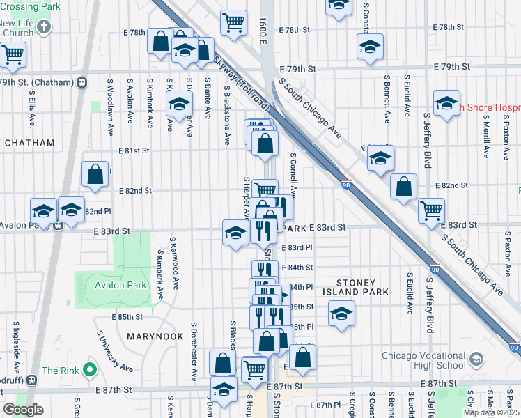 map of restaurants, bars, coffee shops, grocery stores, and more near 8233 South Harper Avenue in Chicago