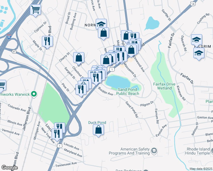 map of restaurants, bars, coffee shops, grocery stores, and more near 17 Sand Pond Road in Warwick
