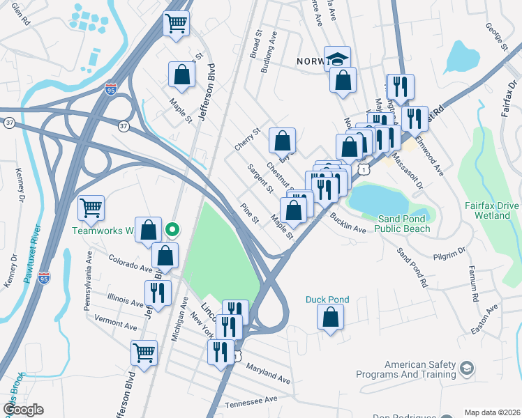 map of restaurants, bars, coffee shops, grocery stores, and more near 358 Maple Street in Warwick
