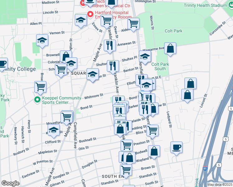 map of restaurants, bars, coffee shops, grocery stores, and more near 218 Franklin Avenue in Hartford