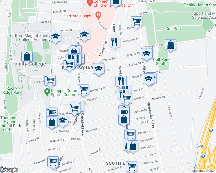 map of restaurants, bars, coffee shops, grocery stores, and more near 56 Whitmore Street in Hartford