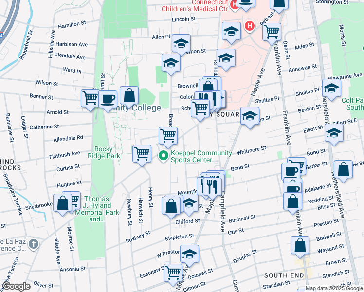 map of restaurants, bars, coffee shops, grocery stores, and more near 20 Julius Street in Hartford