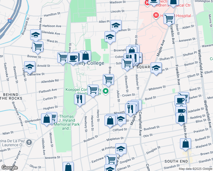 map of restaurants, bars, coffee shops, grocery stores, and more near 125 New Britain Avenue in Hartford
