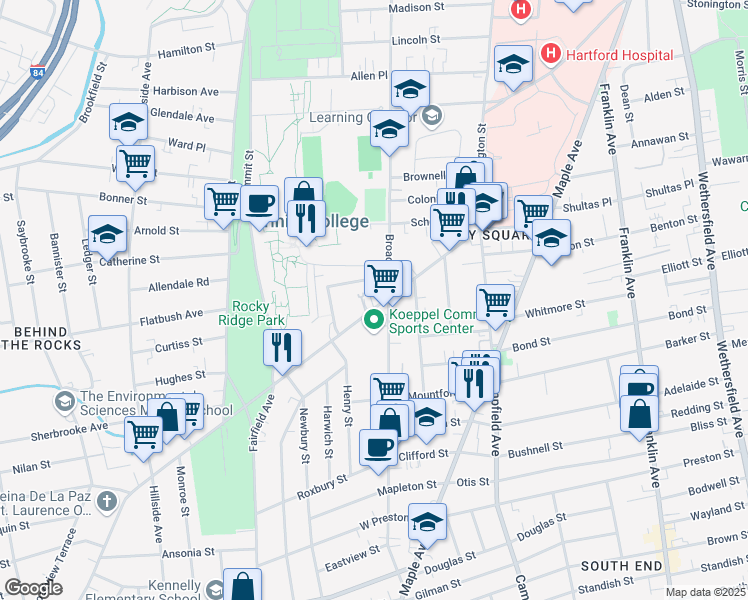 map of restaurants, bars, coffee shops, grocery stores, and more near 156 New Britain Avenue in Hartford