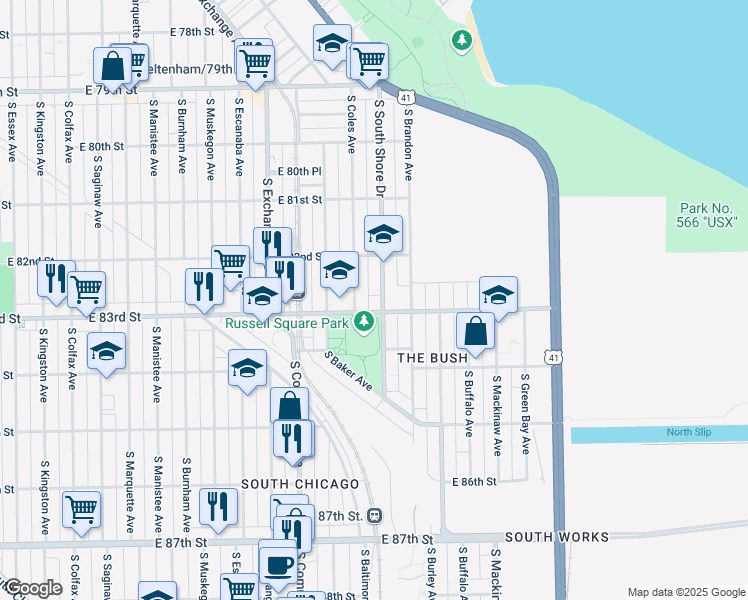 map of restaurants, bars, coffee shops, grocery stores, and more near 8251 South Coles Avenue in Chicago