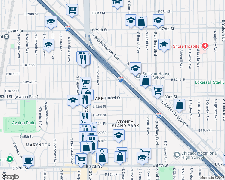 map of restaurants, bars, coffee shops, grocery stores, and more near 8236 South Ridgeland Avenue in Chicago
