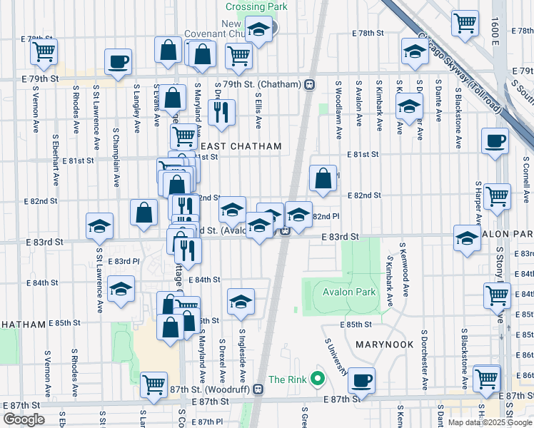 map of restaurants, bars, coffee shops, grocery stores, and more near 8229 South Ellis Avenue in Chicago