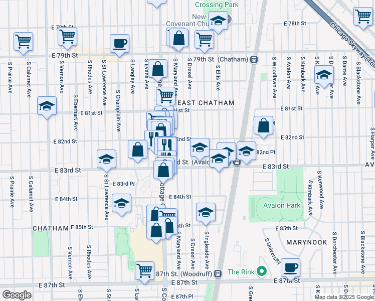 map of restaurants, bars, coffee shops, grocery stores, and more near 8226 South Drexel Avenue in Chicago
