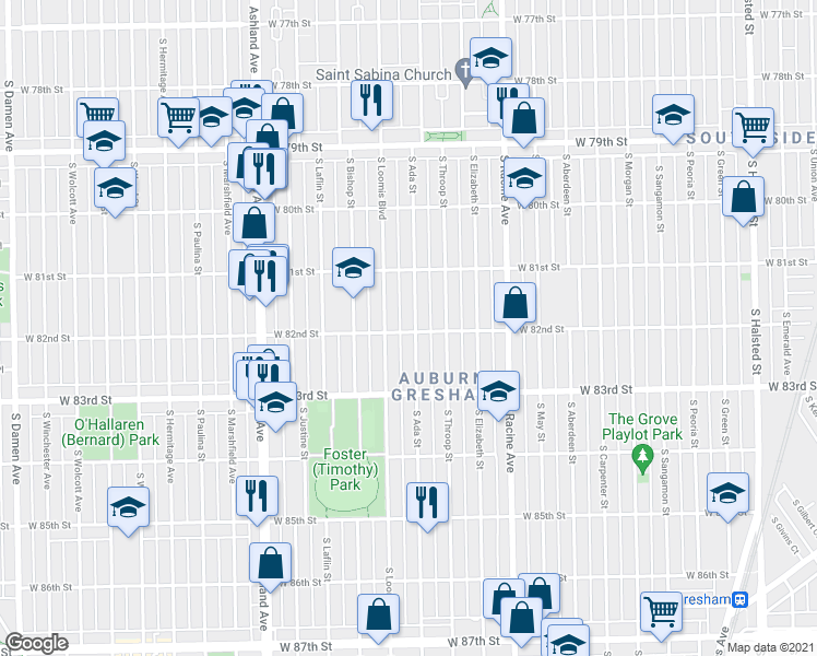 map of restaurants, bars, coffee shops, grocery stores, and more near 1322 West 82nd Street in Chicago