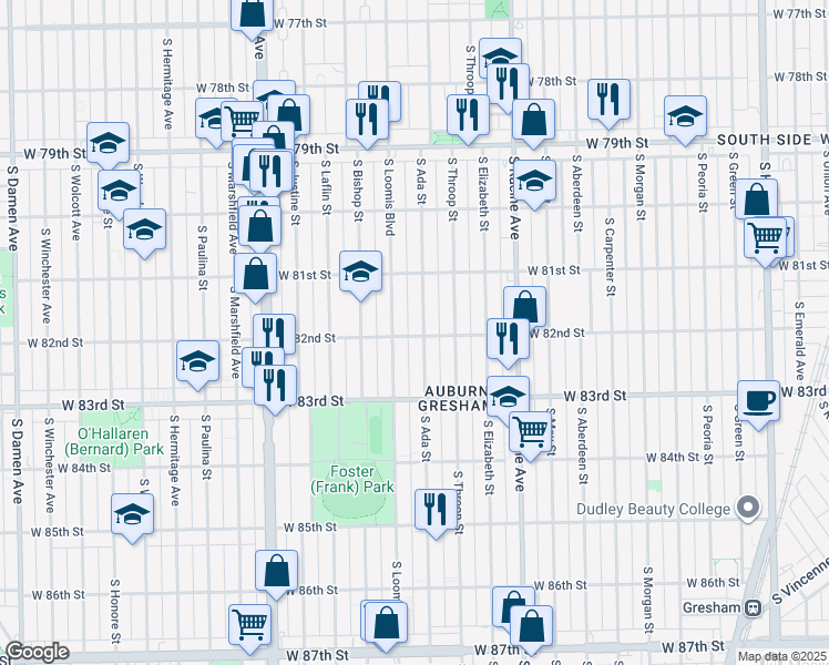 map of restaurants, bars, coffee shops, grocery stores, and more near 1322 West 82nd Street in Chicago