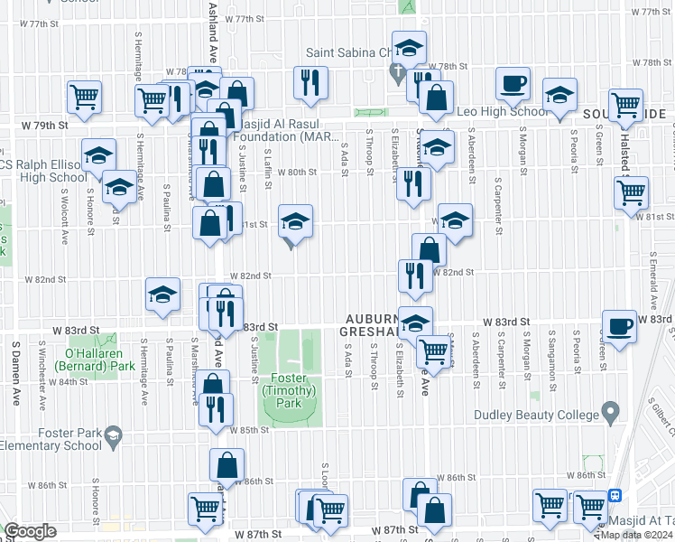 map of restaurants, bars, coffee shops, grocery stores, and more near 1322 West 82nd Street in Chicago