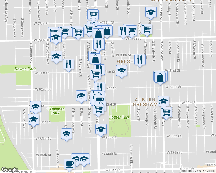 map of restaurants, bars, coffee shops, grocery stores, and more near 8159 South Justine Street in Chicago