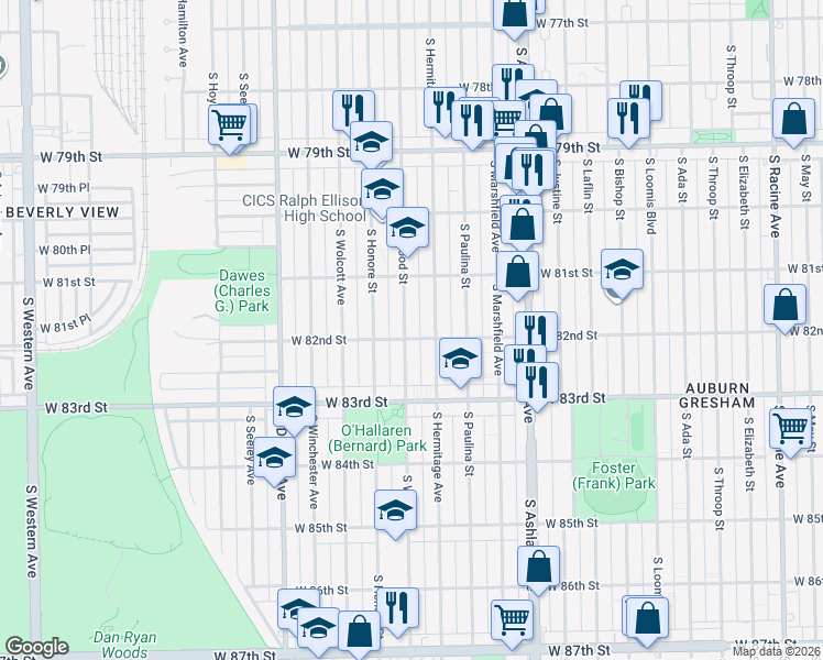 map of restaurants, bars, coffee shops, grocery stores, and more near 8154 South Hermitage Avenue in Chicago