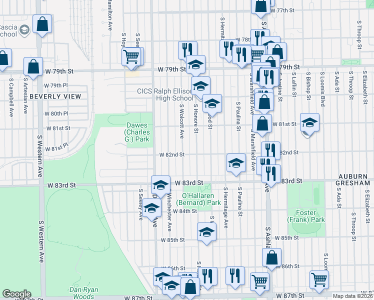 map of restaurants, bars, coffee shops, grocery stores, and more near 8153 South Wolcott Avenue in Chicago