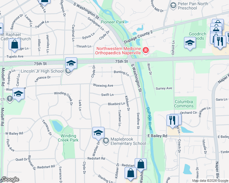 map of restaurants, bars, coffee shops, grocery stores, and more near 45 Swift Lane in Naperville