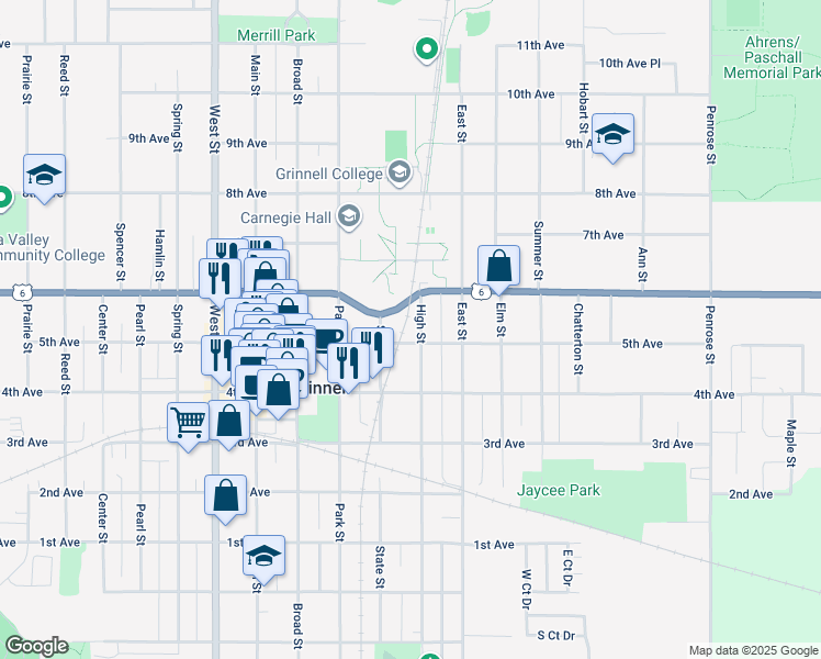 map of restaurants, bars, coffee shops, grocery stores, and more near 1005 High Street in Grinnell