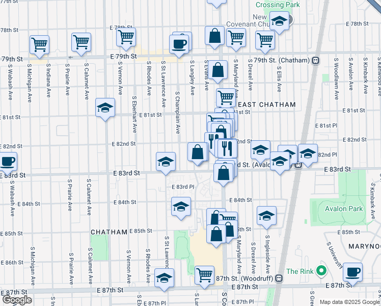 map of restaurants, bars, coffee shops, grocery stores, and more near 8220 South Langley Avenue in Chicago