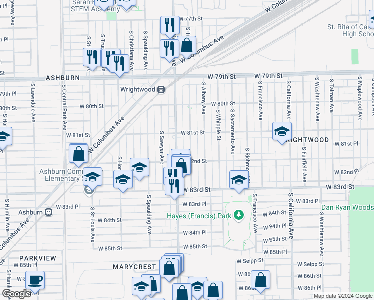 map of restaurants, bars, coffee shops, grocery stores, and more near 8136 South Troy Street in Chicago