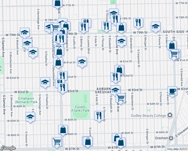 map of restaurants, bars, coffee shops, grocery stores, and more near 1322 West 82nd Street in Chicago