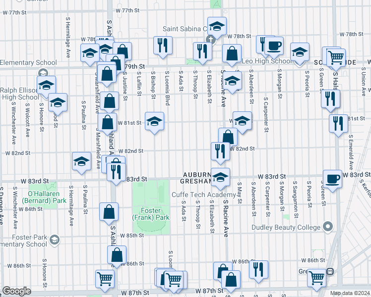map of restaurants, bars, coffee shops, grocery stores, and more near 1322 West 82nd Street in Chicago