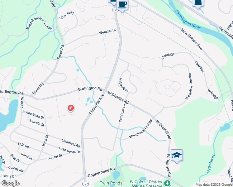 map of restaurants, bars, coffee shops, grocery stores, and more near 12 West District Road in Farmington
