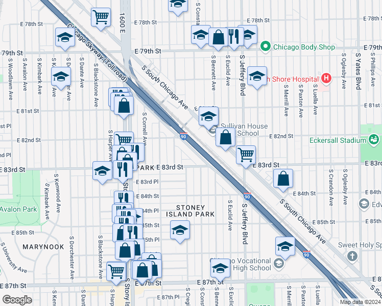 map of restaurants, bars, coffee shops, grocery stores, and more near 8242 South Anthony Avenue in Chicago