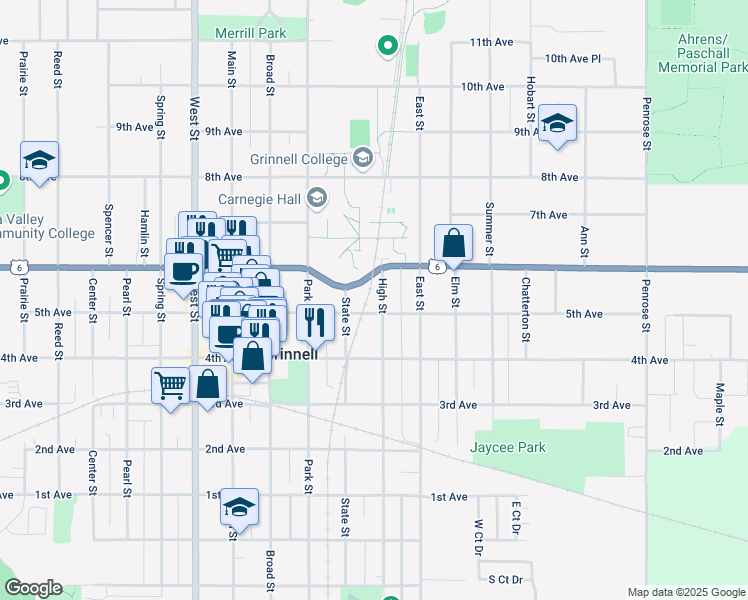 map of restaurants, bars, coffee shops, grocery stores, and more near 1005 High Street in Grinnell