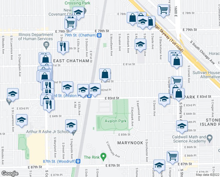 map of restaurants, bars, coffee shops, grocery stores, and more near 8224 South Woodlawn Avenue in Chicago