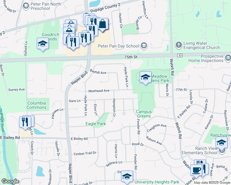 map of restaurants, bars, coffee shops, grocery stores, and more near 1400 Hampton Court in Naperville