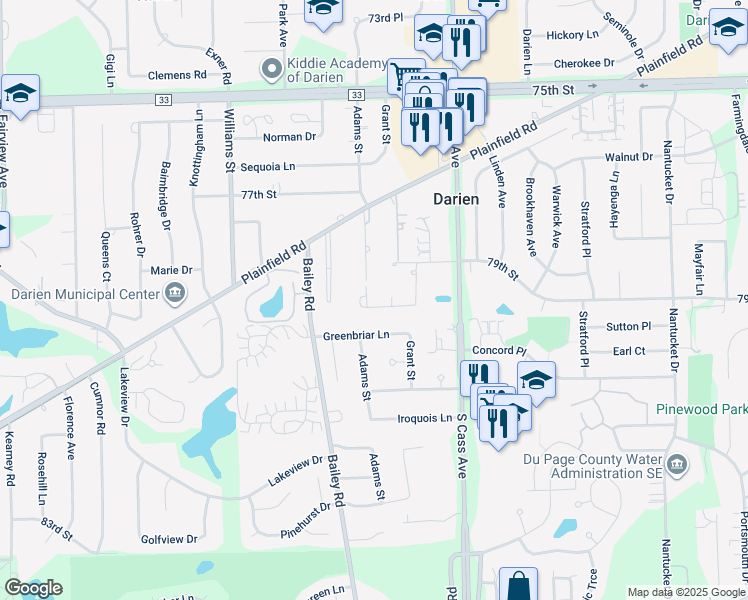 map of restaurants, bars, coffee shops, grocery stores, and more near 7831 Adams Street in Darien