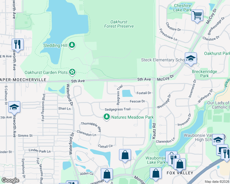 map of restaurants, bars, coffee shops, grocery stores, and more near 654 Spicebush Lane in Aurora