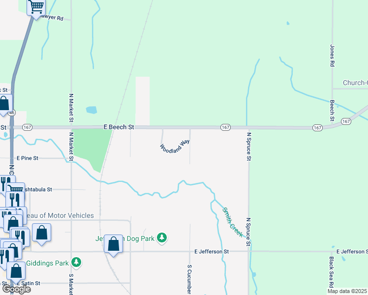 map of restaurants, bars, coffee shops, grocery stores, and more near 346 Woodland Way in Jefferson