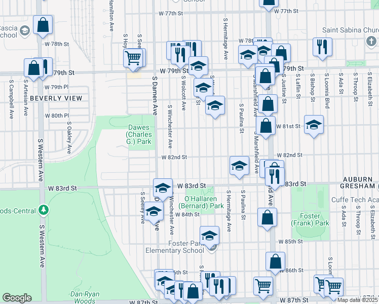 map of restaurants, bars, coffee shops, grocery stores, and more near 8153 South Wolcott Avenue in Chicago