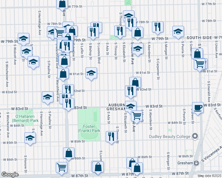 map of restaurants, bars, coffee shops, grocery stores, and more near 1316 West 82nd Street in Chicago