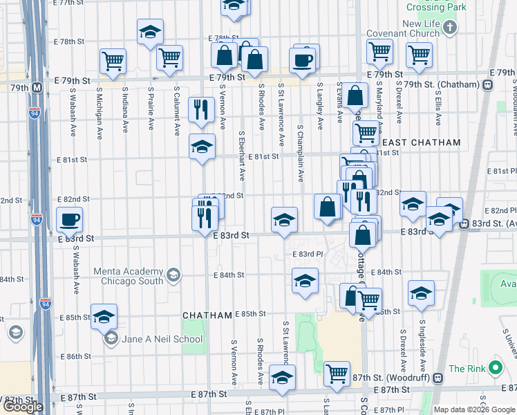 map of restaurants, bars, coffee shops, grocery stores, and more near 8223 South Eberhart Avenue in Chicago