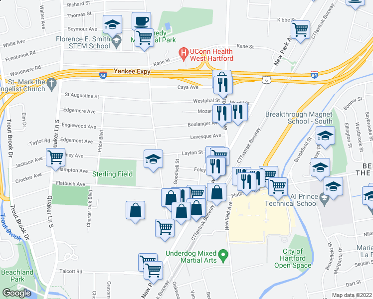 map of restaurants, bars, coffee shops, grocery stores, and more near 74 Layton Street in West Hartford
